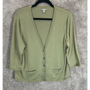 J Jill Cardigan Womens Large Green Button Front 3/4 Sleeve Lightweight Sweater